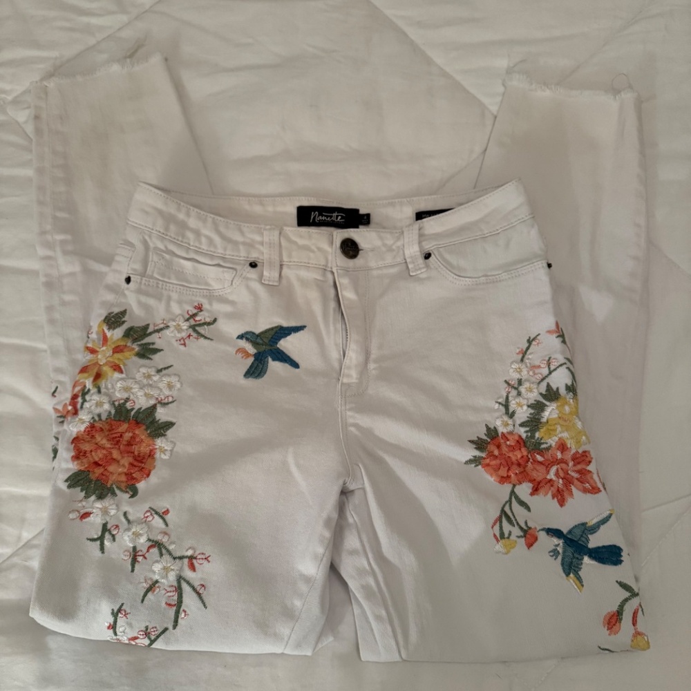 Nanette Lepore Embroidered Jeans High Rise Astor Skinny White Denim - Picture 2 of 4